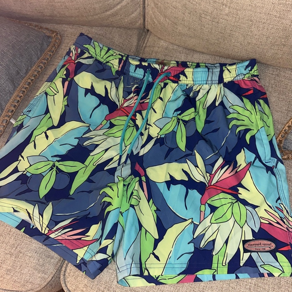 Vineyard Vines Blue and Green Swim Trunks Tropical Print